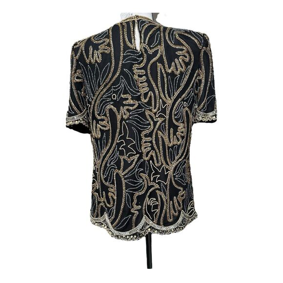 Vintage Lawrence Kazar Black Beaded Silk Top | Gold Silver Embellished | Size L - Picture 3 of 6